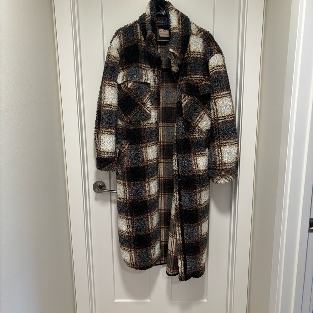 We The Free Black and Cream Plaid Teddy Jacket
